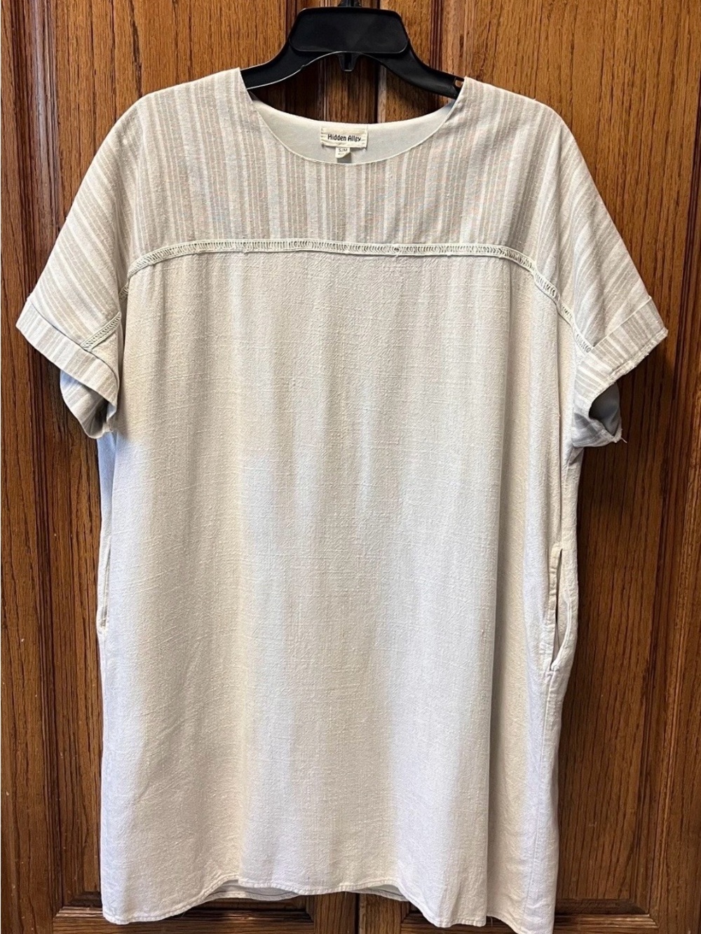 Cute Hidden Alley Linen Blend Dress S/M Pockets Oversized Cream & Tan Lined